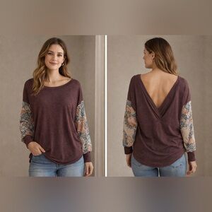ADORA Burgundy Long Sleeve Top with Patterned Sleeves